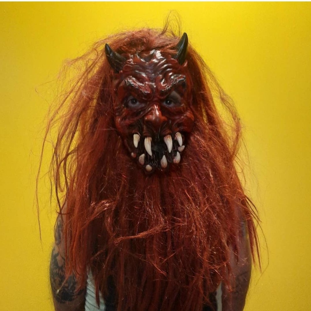 Rare Full red devil mask with full head of red hair horns big teeth Scary